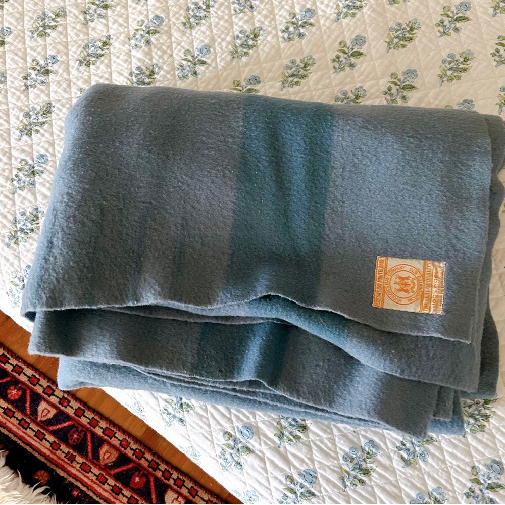 Vintage Hudson’ Bay Point Trapper Blanket Blue Striped 100% Wool